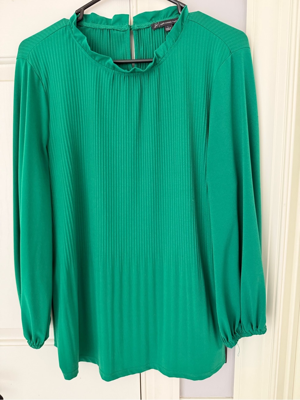 Adrianna Papell Emerald Green Long-Sleeve Ruffle Neck Blouse